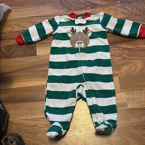 Green and White Striped Kids One Piece with Reindeer Design